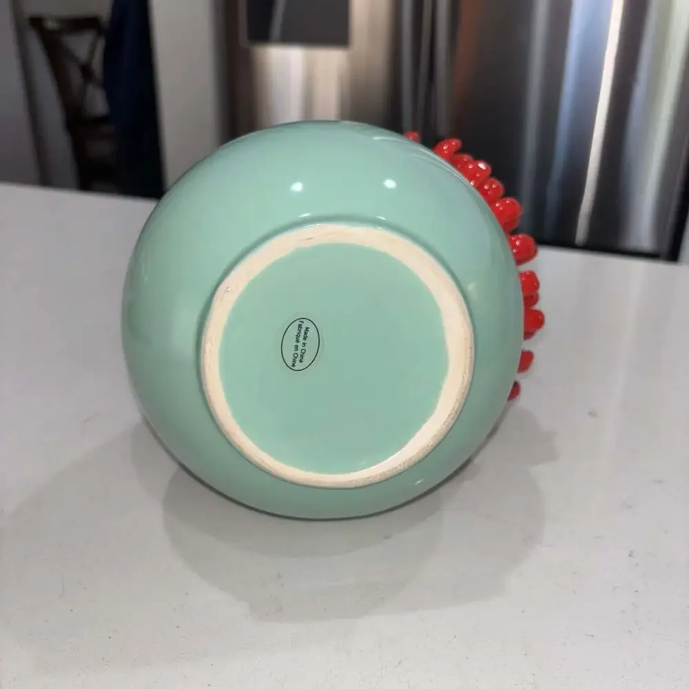 Anthropologie Celadon Blue Ceramic Vase with 3D Red Chrysanthemum Flower